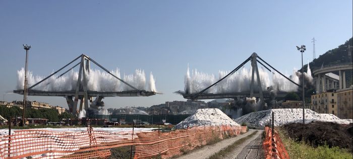 Demolition works of the piers n.10 and n.11 of the highway A10  Polcevera Viaduct (Ponte Morandi)